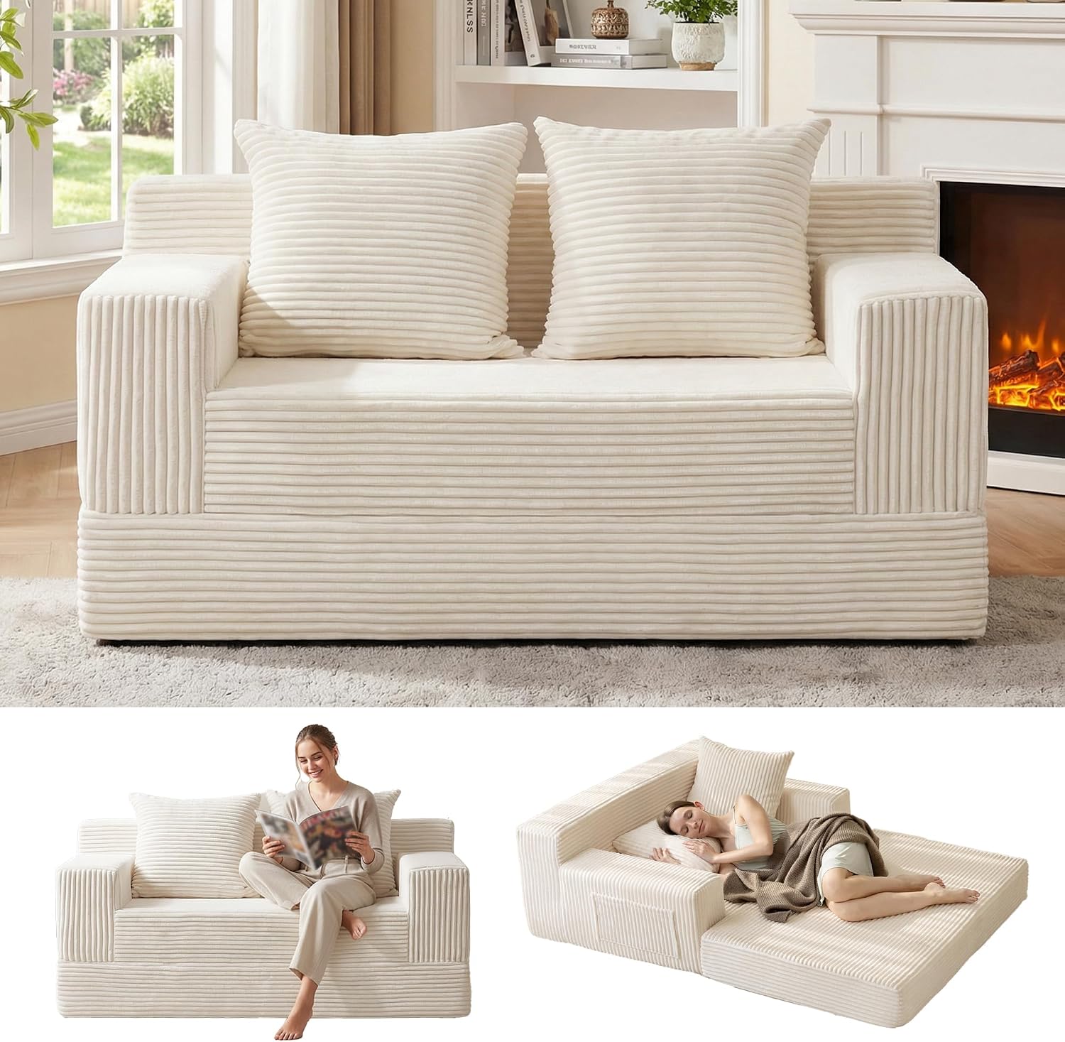Erament Convertible Sofa Bed, Loveseat Folding Floor Futon Sleeper Sofa Couch Bed- Boneless Foldable Couch, Corduroy Pull Out Sofa Bed with 2 Pillows for Living Room & Bedroom