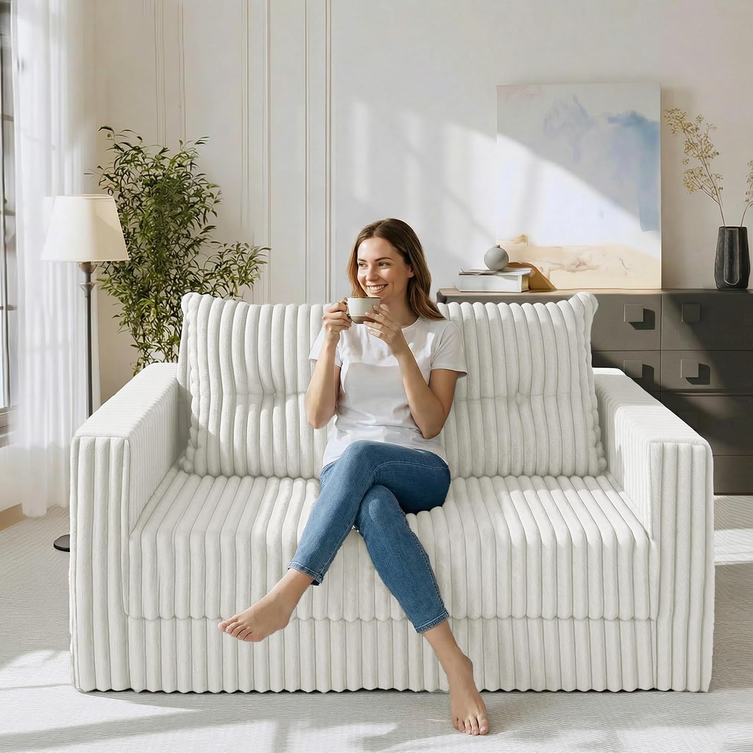 HABUTWAY Folding Sofa Bed, 2 in 1 Convertible Sleeper Chair with Pillow, Portable Fold Out Chair Bed with Armrest, Comfy Floor Couch, Lazy Sofa for Living Room Bedroom Dorm Home Office, Beige