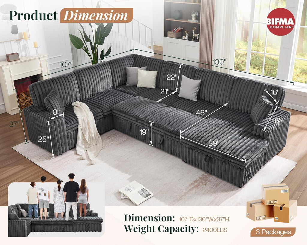 Jocisland 130' Sofa Bed, Sleeper Sofa, Pull Out Sleeper Couch with Storage, Convertible 6-Seater Sofa Bed for Living Room, Faux Fur Dark Grey