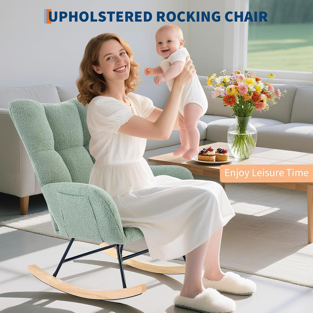 300lb Capacity Nursery Glider Rocker,Teddy Upholstered with Wood Legs for Living Room,Bedroom Nursery Includes Side Pockets