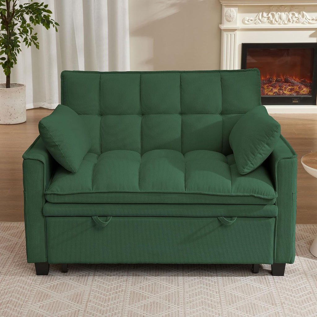Sleeper Sofa with Pull Out Couch Bed, 48' Convertible Pull-Out Sofa Bed Chair, 3-in-1 Futon Couch with Reclining Backrest and Side Pockets for Living Room Bedroom Apartment, Green