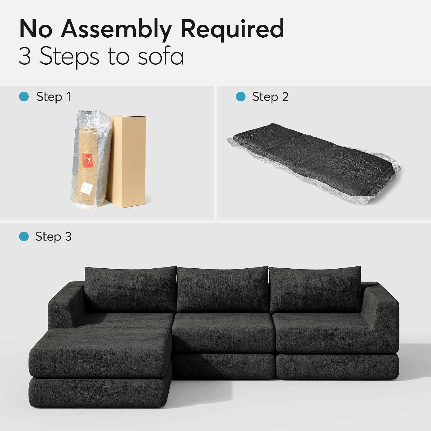 Chenille Modular Floor Sofa Bed, L Shaped Convertible Sleeper Couch with Memory Foam Cushions, Low Profile Sectional Sofa for Living Room, Apartment, Guest Room,Dark Grey