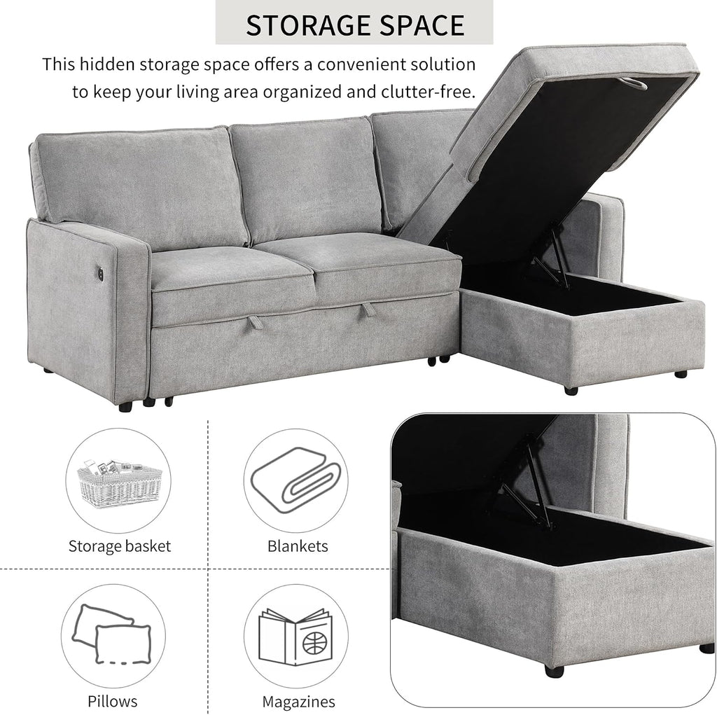 LUMISOL 89' Convertible Sleeper Sofa Bed, Modern L-Shaped Sectional Sofa Pull Out Couch with Chaise, Chenille Sofa Bed with Cup Holder, USB Ports for Living Room, Small Apartment, Gray