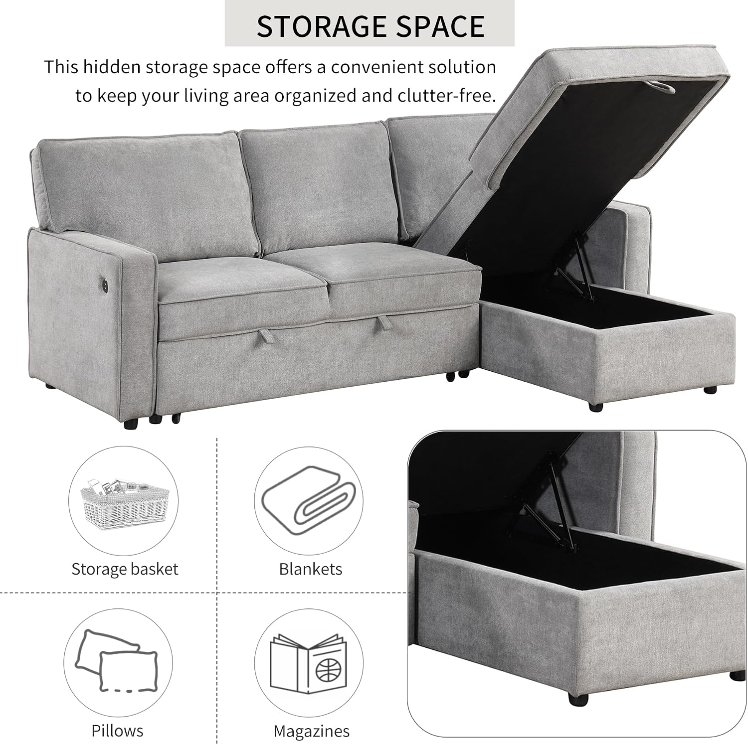 LUMISOL 89' Convertible Sleeper Sofa Bed, Modern L-Shaped Sectional Sofa Pull Out Couch with Chaise, Chenille Sofa Bed with Cup Holder, USB Ports for Living Room, Small Apartment, Gray