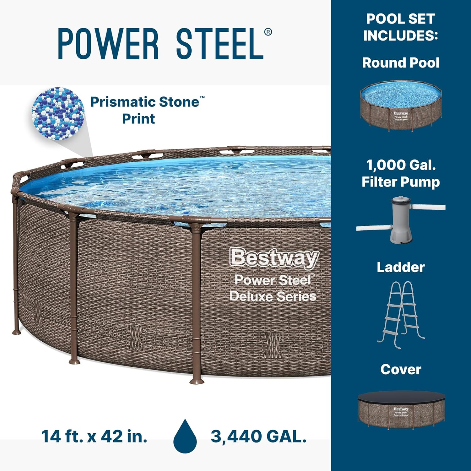 Bestway Power Steel 14' x 42' Round Above Ground Outdoor Backyard Swimming Pool Set with 1,000 GPH Filter Pump, Ladder, and Pool Cover