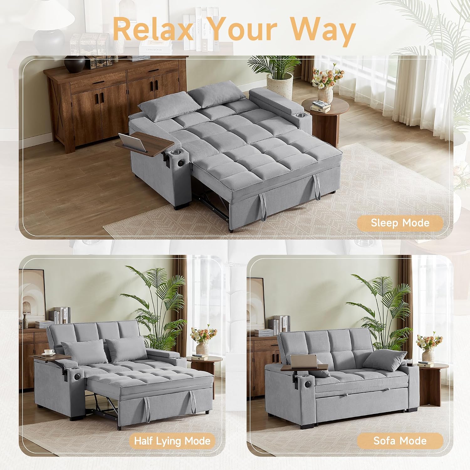 Auvsoce 65' Sleeper Sofa Bed Loveseat, Convertible Couch for Living Room, RV Sofa with Adjustable Backrest, Chaise Lounge, Side Table, USB & Type-C Ports
