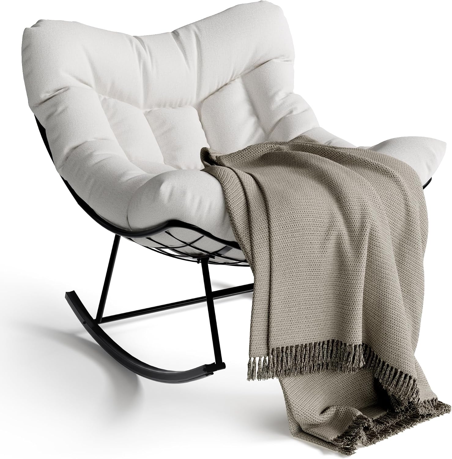Patio Rocking Chair Indoor and Outdoor, Metal Lounge Rocker with Thick 6'' Cushion,350 Lbs Capacity,White Cushion
