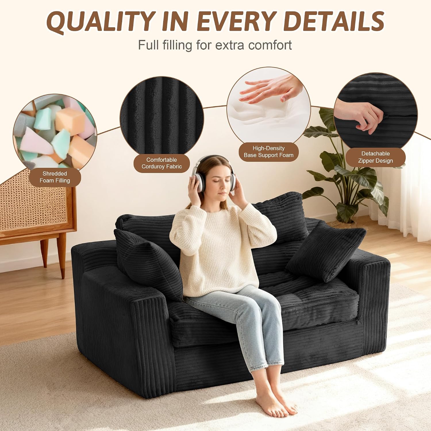 Convertible Sofa Bed, Pull Out Boneless Couch Loveseat Floor Sofa Bed with Pillows, 2-Seater Folding Sofa Loveseat Boneless Couch for Living Room, Bedroom, Apartment, Office (Black)
