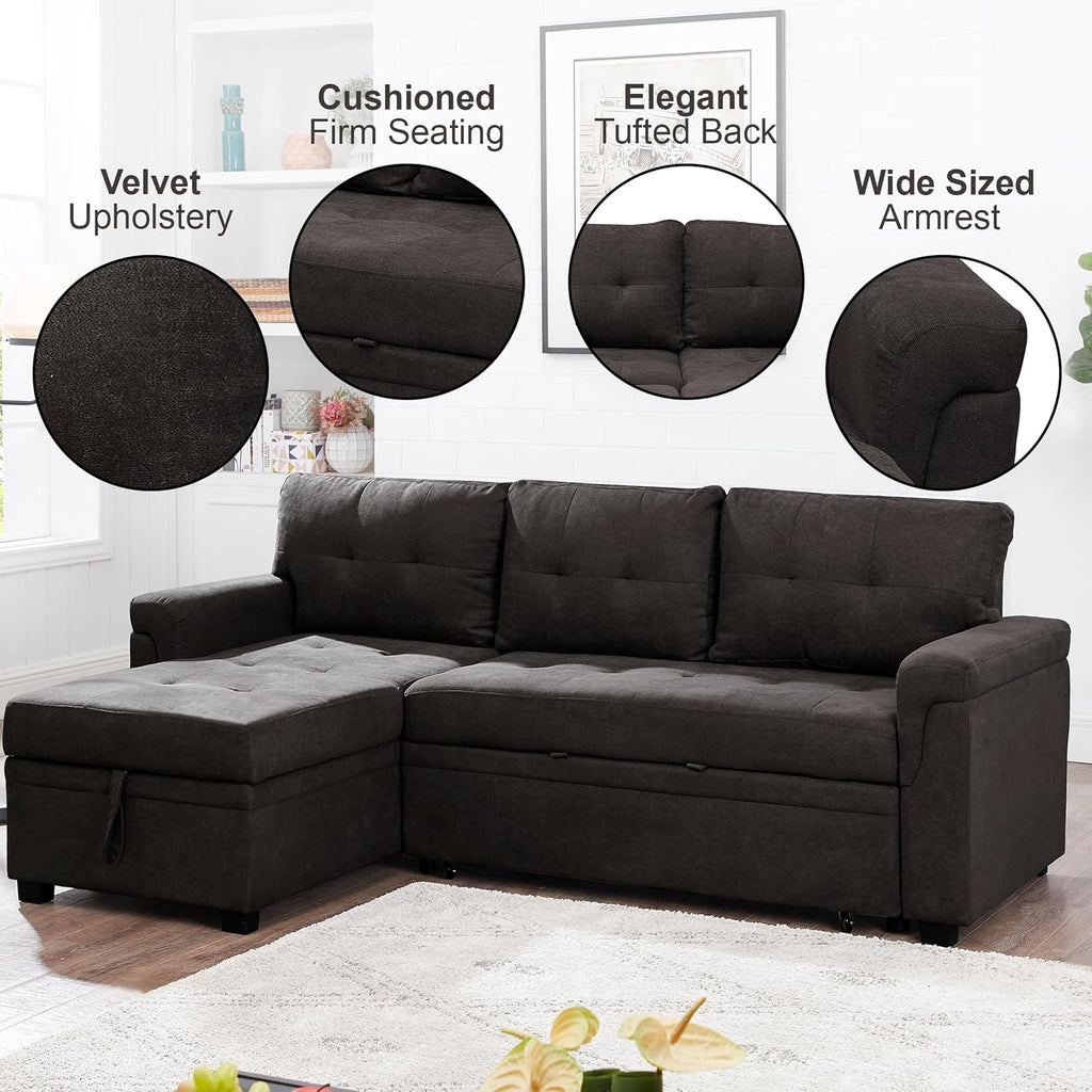 Naomi Home L Shaped Sectional Couch with Storage & Pull Out Bed – 3-in-1 Convertible Sleeper Sofa Bed, Small L Shape Sofa for Living Room, Sofa Bed with Storage Chaise in Espresso, Velvet
