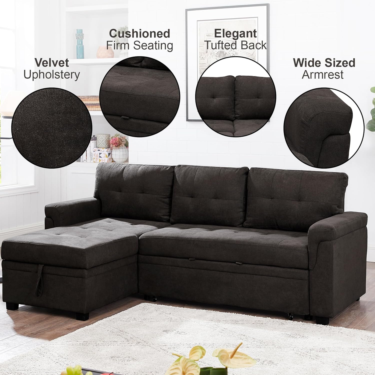 Naomi Home L Shaped Sectional Couch with Storage & Pull Out Bed – 3-in-1 Convertible Sleeper Sofa Bed, Small L Shape Sofa for Living Room, Sofa Bed with Storage Chaise in Espresso, Velvet