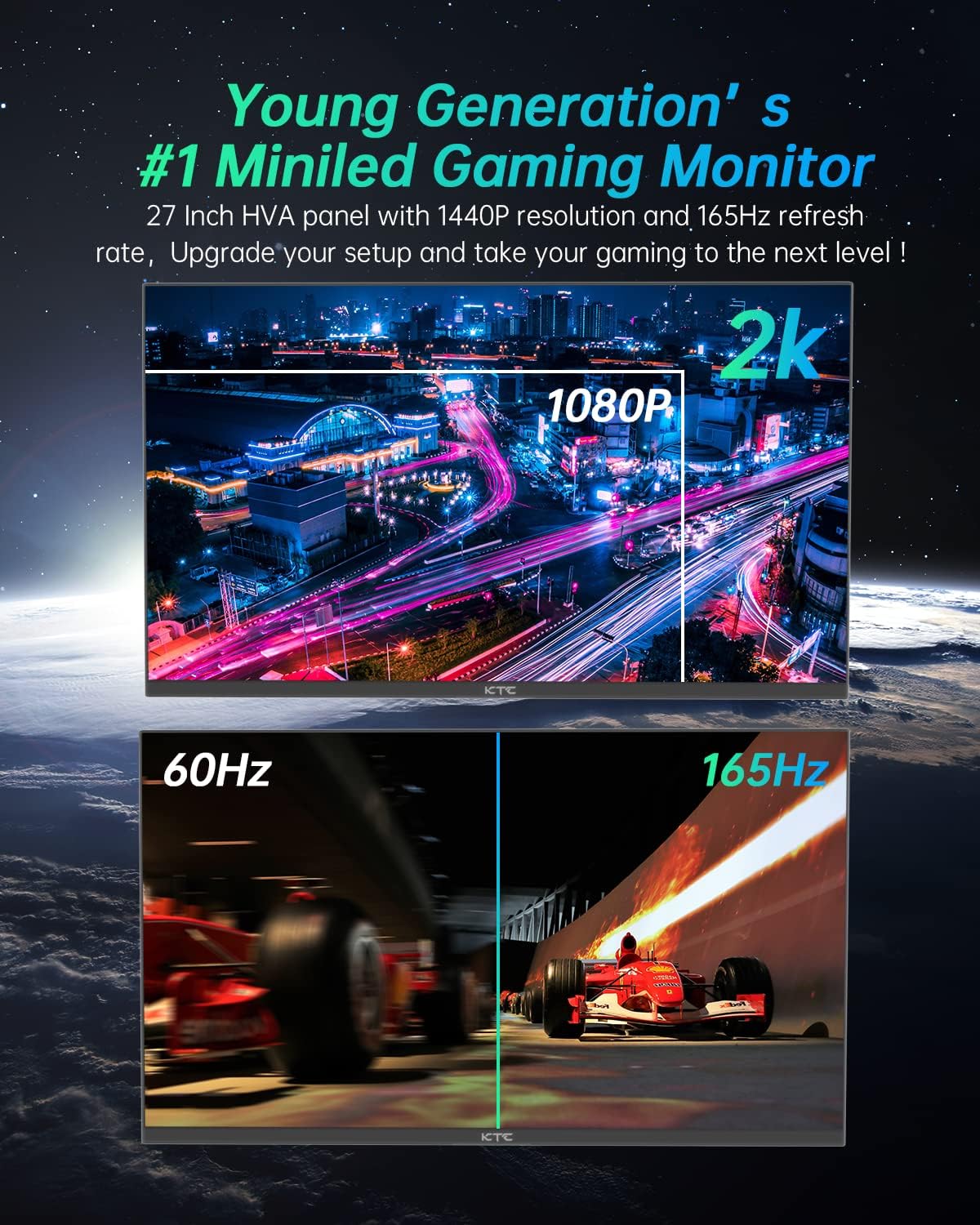 KTC 27 Inch Mini LED Monitor, 1440P 165Hz/144Hz Gaming Monitor, HDR1000, Built-in Speakers, HDMI2.0, DP1.4, Type-C 90W, USB, KVM, Swivel/Height/Pivot/Tilt Adjustable, Mountable, 2K PC Monitor