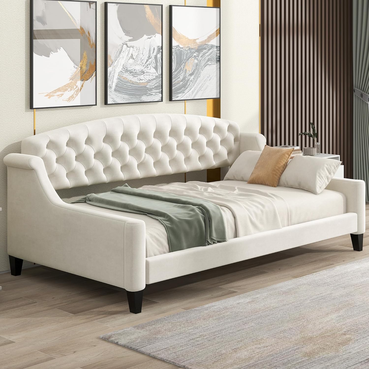 Merax Twin Size Modern Luxury Tufted Button Daybed, Upholstered Twin Daybed Frame, Sofa Bed for Bedroom, Living Room, Twin, Beige