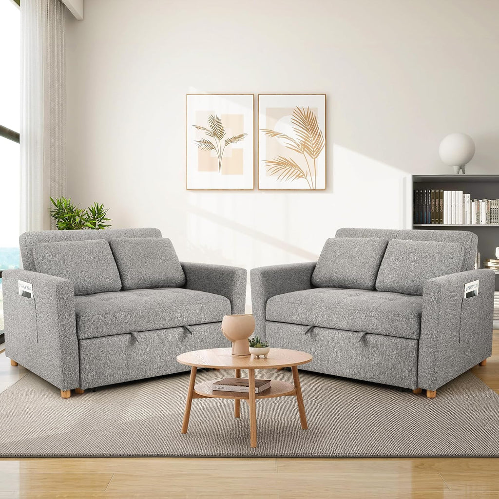 SEJOV Convertible Sofa Bed, 3-in-1 Sleeper Sofa Pull Out Couch Bed, 2-Seater Linen Fabric Loveseat Futon Sofa with Spring Support, Adjustable Backrest for Small Spaces, Living Room, Grey