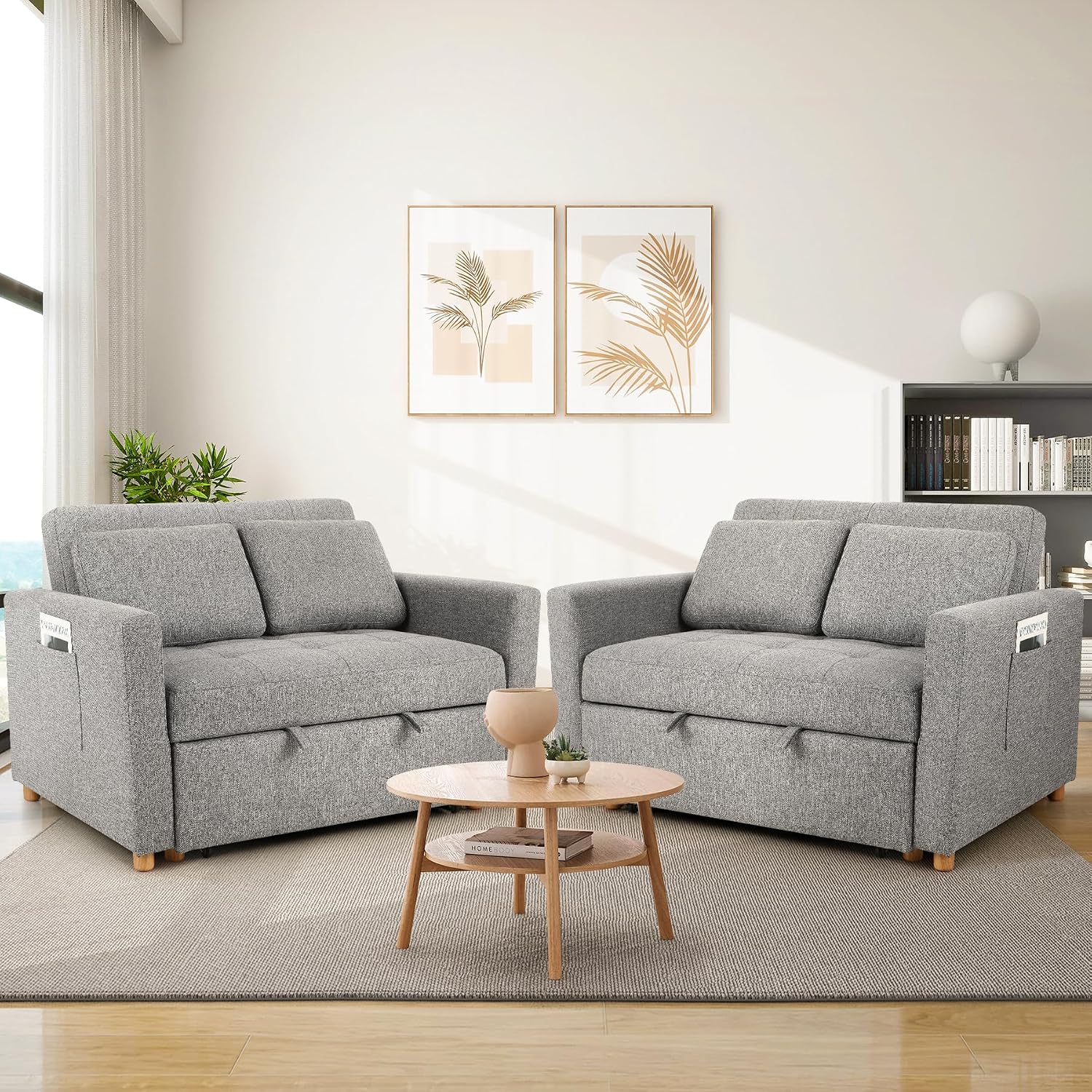 SEJOV Convertible Sofa Bed, 3-in-1 Sleeper Sofa Pull Out Couch Bed, 2-Seater Linen Fabric Loveseat Futon Sofa with Spring Support, Adjustable Backrest for Small Spaces, Living Room, Grey