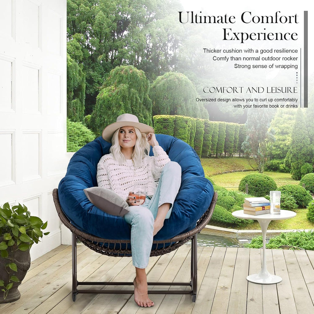 Outdoor Rocking Chair Set of 2, Patio Oversized Rattan Egg Rocking Chair, Indoor Outside Padded Cushion Rocker Recliner Chair, Modern Lounge Chair for Front Porch, Garden, Backyard, Balcony, Navy Blue