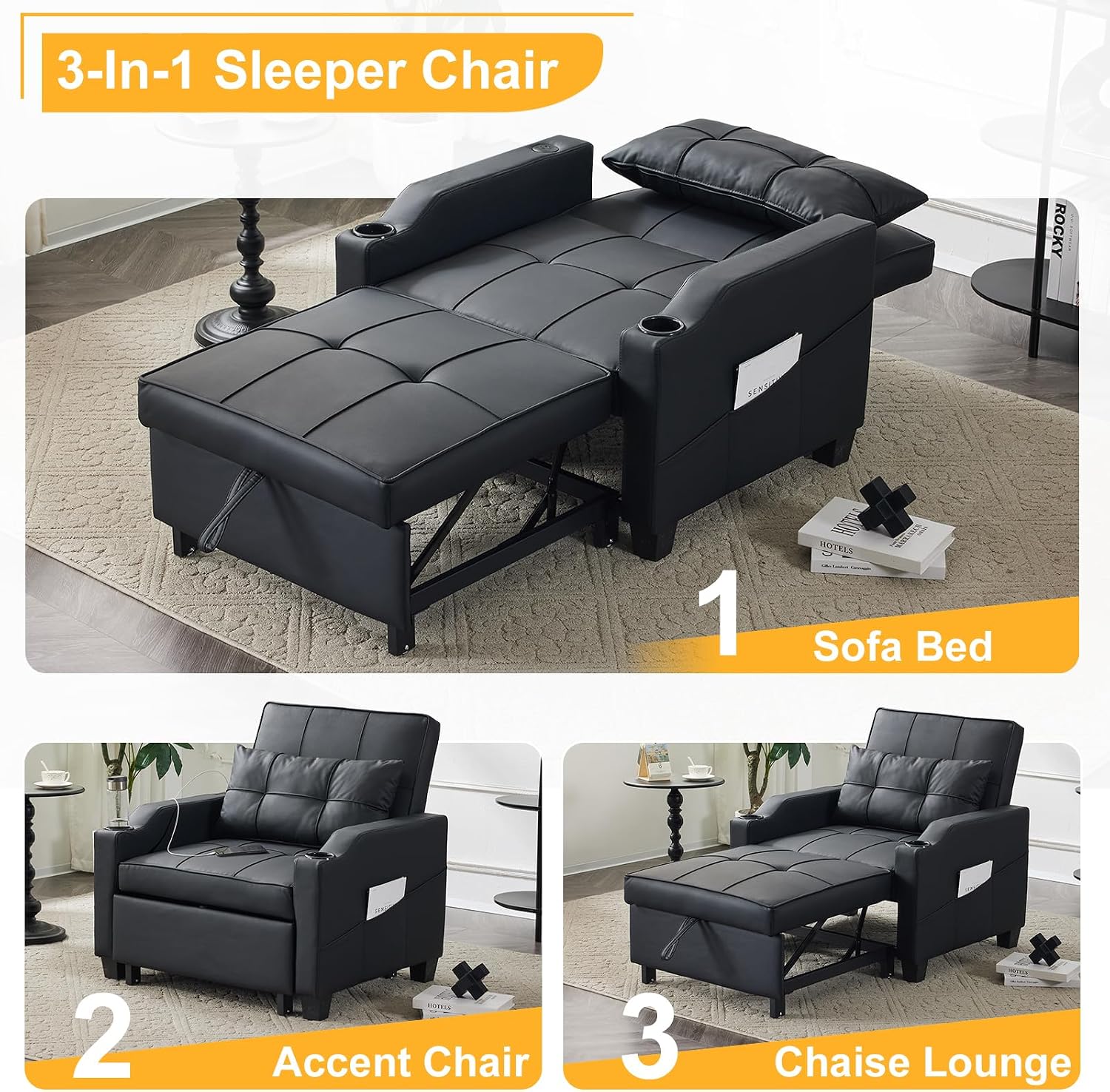 Karl home Sleeper Chair Convertible Sofa Bed with USB/Type C Ports 3-in-1 Pull Out Sofa Bed Adjustable Reading Chair with Cup Holders, PU Leather Black