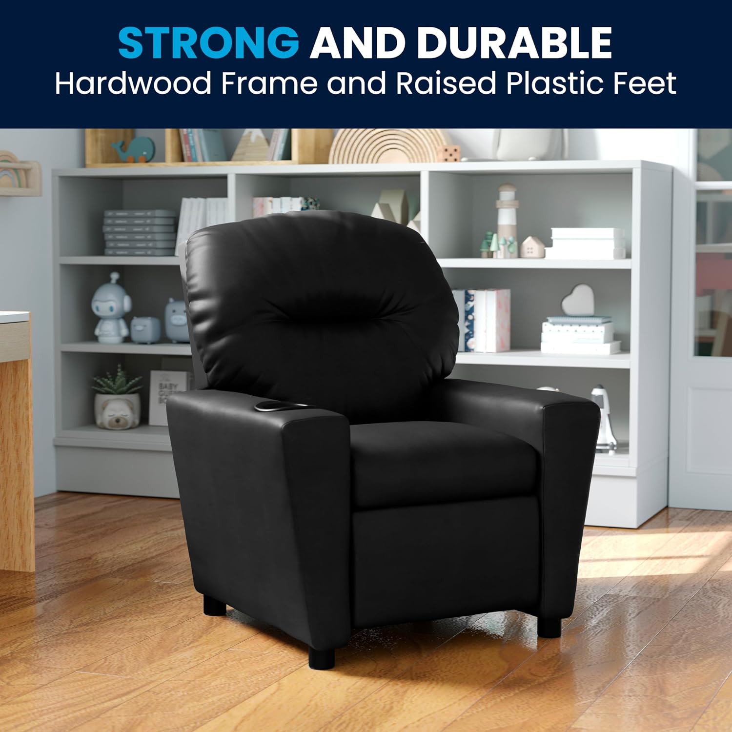 Flash Furniture Chandler LeatherSoft Kids Recliner with Cup Holder and Safety Recline, Contemporary Reclining Chair for Kids, Supports up to 90 lbs., Black