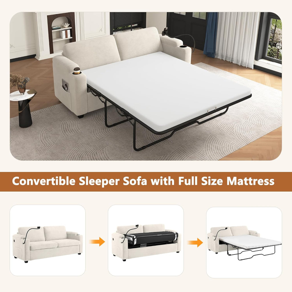 Merax Pull-Out Sleeper Sofa Bed with Full Size Mattress and Two Side Pockets, 3 in 1 Foton Couch with USB Ports | Phone & Cup Holders, Corduroy Loveseat for Living Room, Beige