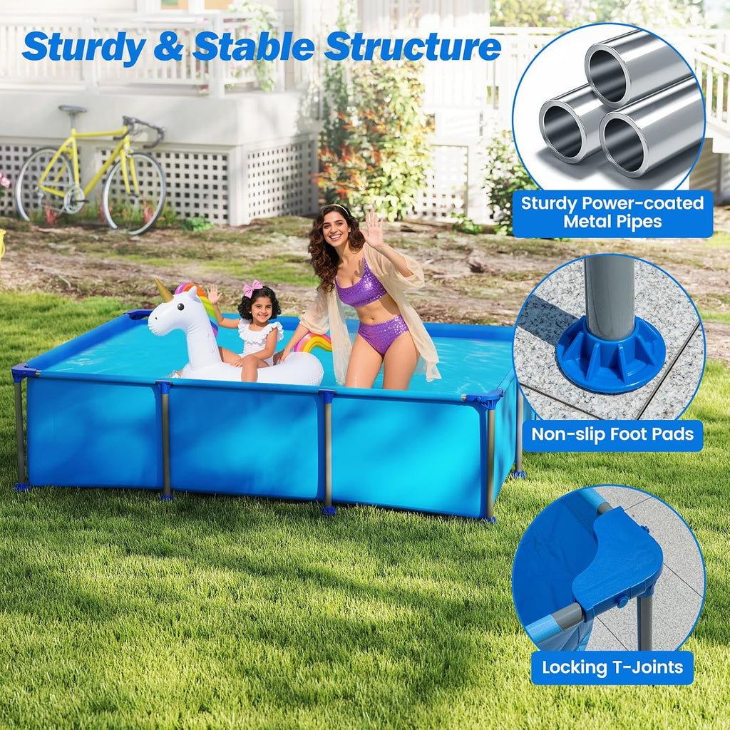 Goplus Above Ground Swimming Pool, 8.5'x6'x26'' Metal Frame Pool Set w/PVC Fabric, 3 Stoppers, Drainage Valve Connector, for Outdoor, Backyard, Garden, Patio (8.5' x 6' Rectangle, 690 Gal, Blue)
