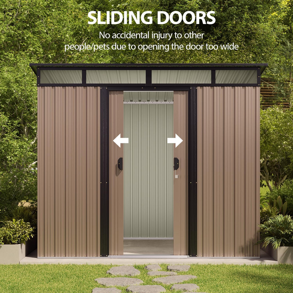 Gizoon 7.4'x5.3' Outdoor Storage Shed Metal Garden Shed with Sliding Lockable Doors, Versatile Tool Bike Shed with Transparent Panel Windows, Outdoor Storage Clearance for Backyard, Patio, Light Brown