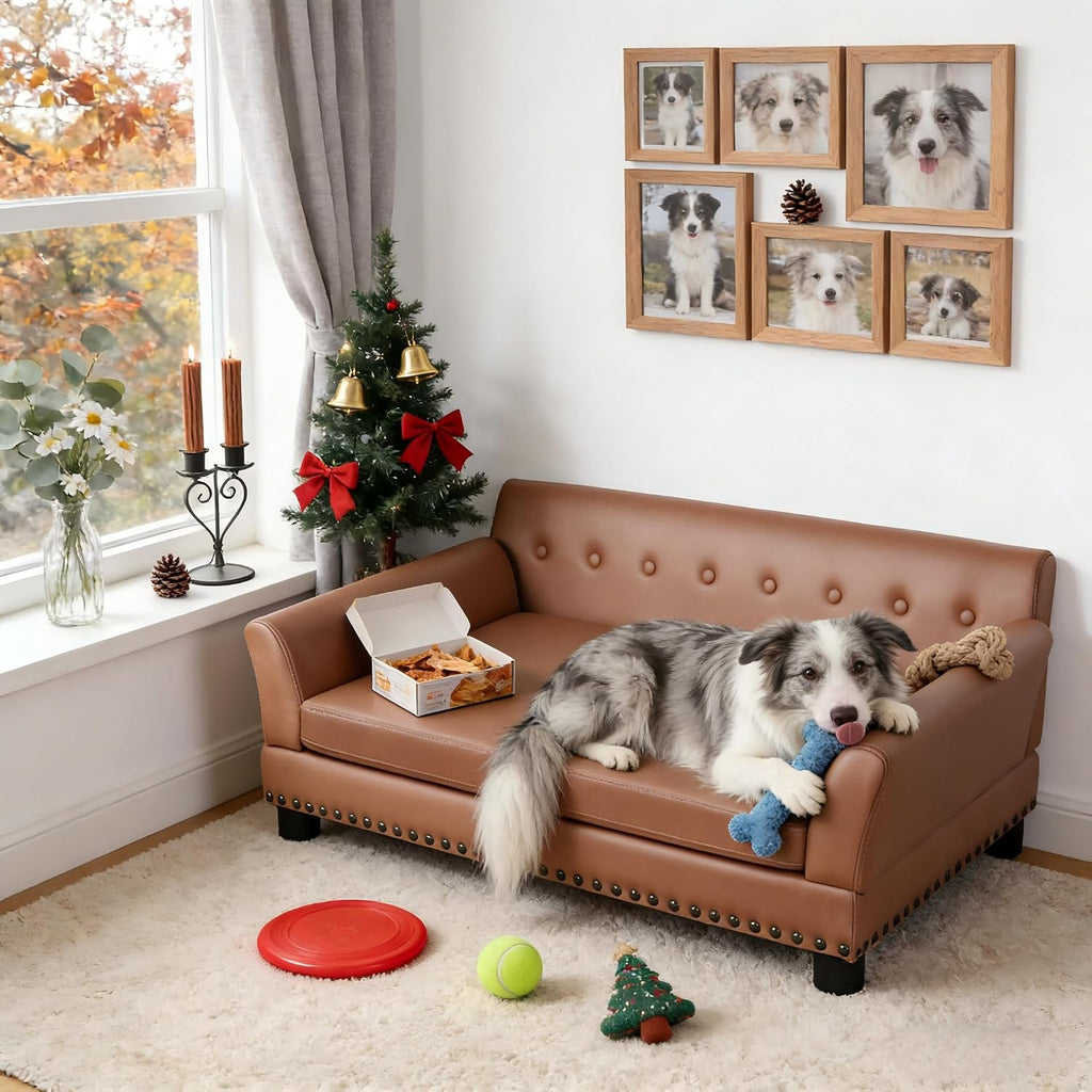 BingoPaw Large Leather Dog Sofa: Pet Couch Lounge Made by Scratching Resistant Microfiber Leather - Doggy Modern Chaise Daybed with Leatherier Cover for Pets Up to 80lbs