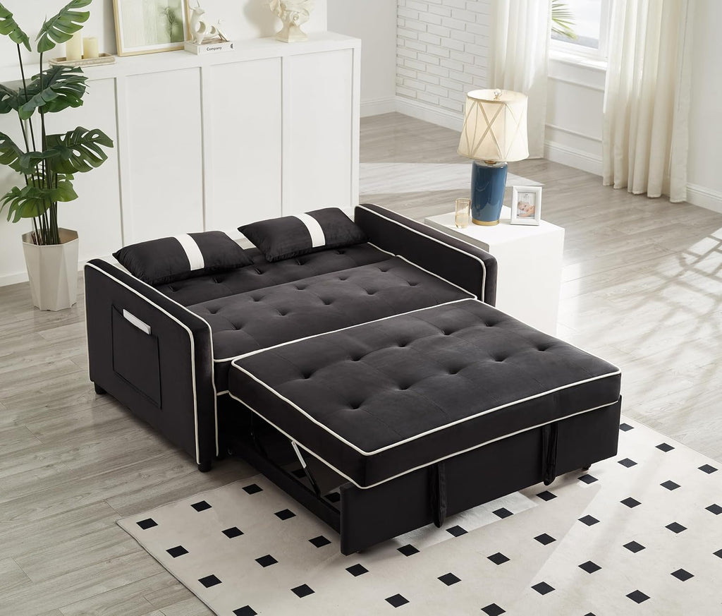 3 in 1 Convertible Sleeper Sofa Bed, Small Couch for Living Room Bedroom with Pullout Bed Adjustable Backrest,Velvet,Loveseat Sofa Bed,Futon Couches (Black)