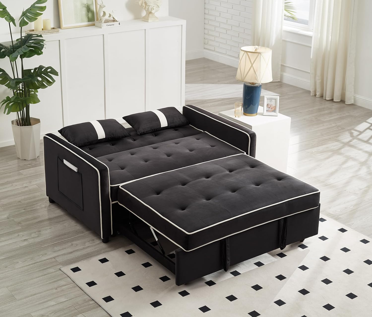 3 in 1 Convertible Sleeper Sofa Bed, Small Couch for Living Room Bedroom with Pullout Bed Adjustable Backrest,Velvet,Loveseat Sofa Bed,Futon Couches (Black)