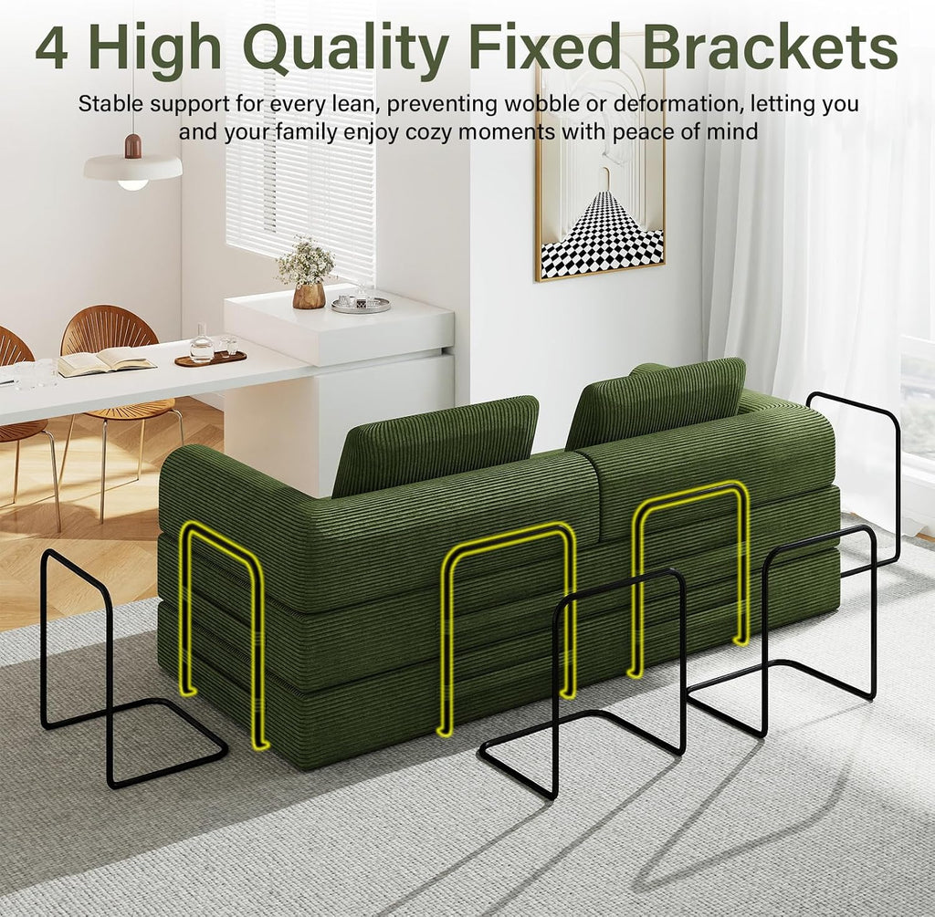 78'' Sleeper Couch Bed for Living Room, Convertible Modular Sofa with Fixed Frame and Side Pocket, Corduroy Futon Boneless Couches in a Box, No Assembly, Green