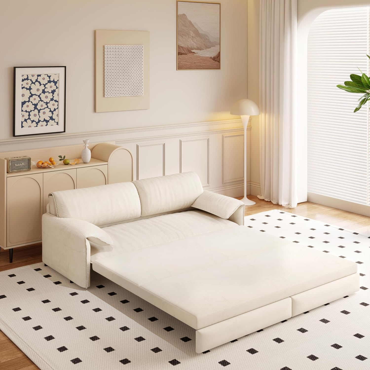 66' Sleeper Sofa Bed Queen Size, 3-in-1 Convertible Couch, Modern Pull Out Couches, Comfy Velvet Futon Sofa, Cloud Loveseat Lounge, Pillow Arm, for Small Spaces, Living Room, Apartment, Beige