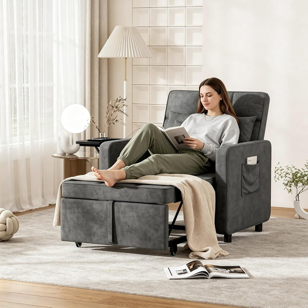 Vabches Sofa Bed Chair 3-in-1 Convertible, Sofa Bed Couches with Wing Table and USB Ports Outlet, Velvet Sleeper Chair with Adjustable Backrest and Two Pillows, Easy Assembly, Dark Grey