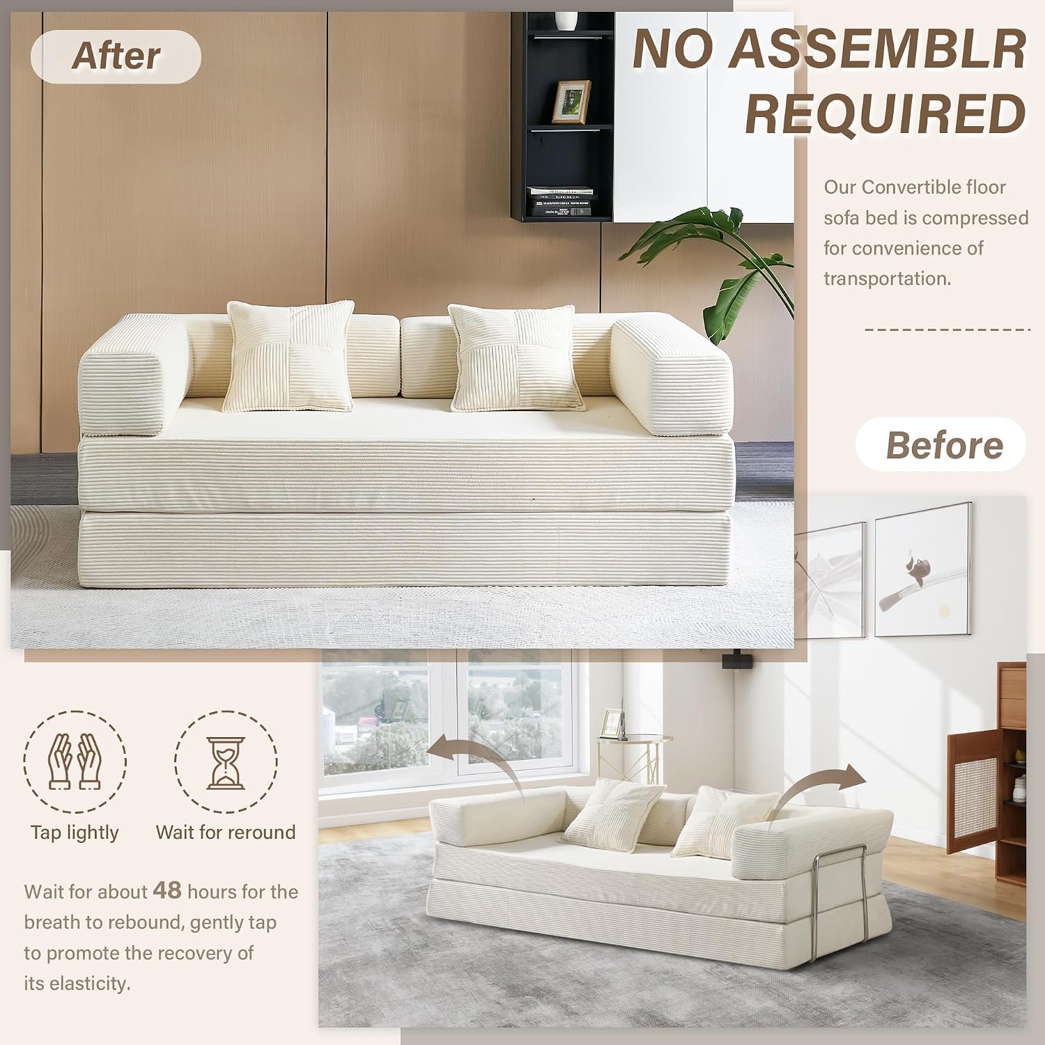 YINIX Foldable Sofa Bed, 78'' Folding Floor Couch, Compressed Convertable Sleeper Sofa, Memory Foam Couch with Pillow Back Support Armrest, 4-in-1 Futon Sofa Bed for Living Room, White