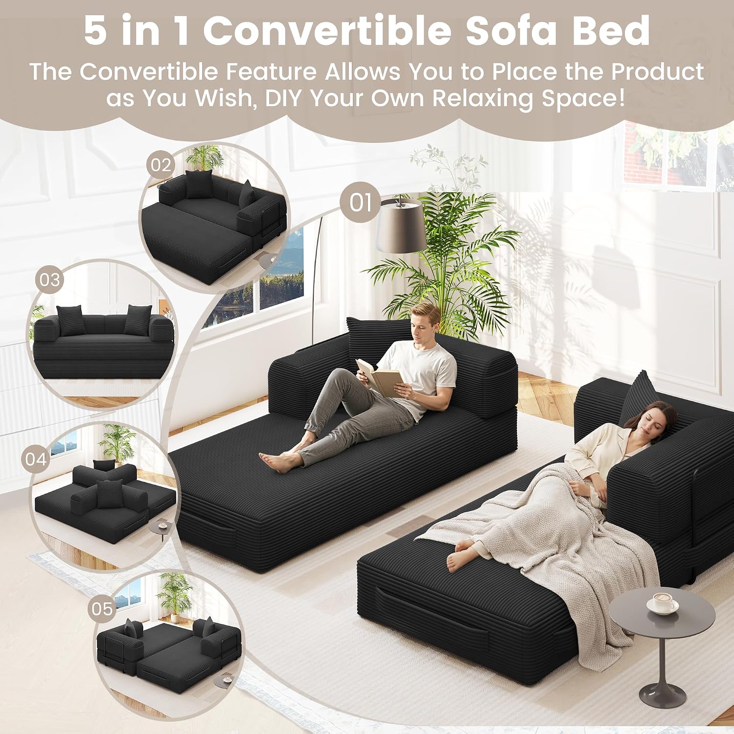 80' Convertible Sofa Bed, 5 in 1 Modular Boneless Couch Sleeper Sofa Bed with Fixed Frame & Removable Backrest Pillow, Washable Corduroy Futon Sofa Bed Couch in a Box for Small Spaces, Dark Black