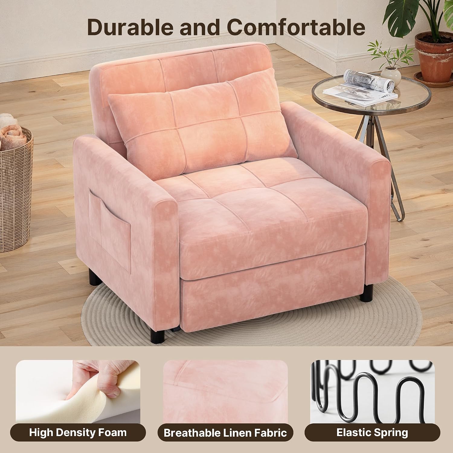 Gizoon Sofa Bed Chair 3 in 1 Convertible, Pullout Single Sleeper Chair Bed with Adjustable Backrest, Spacious Multifunctional Sofa Couches for Living Room, Bedroom, Apartment