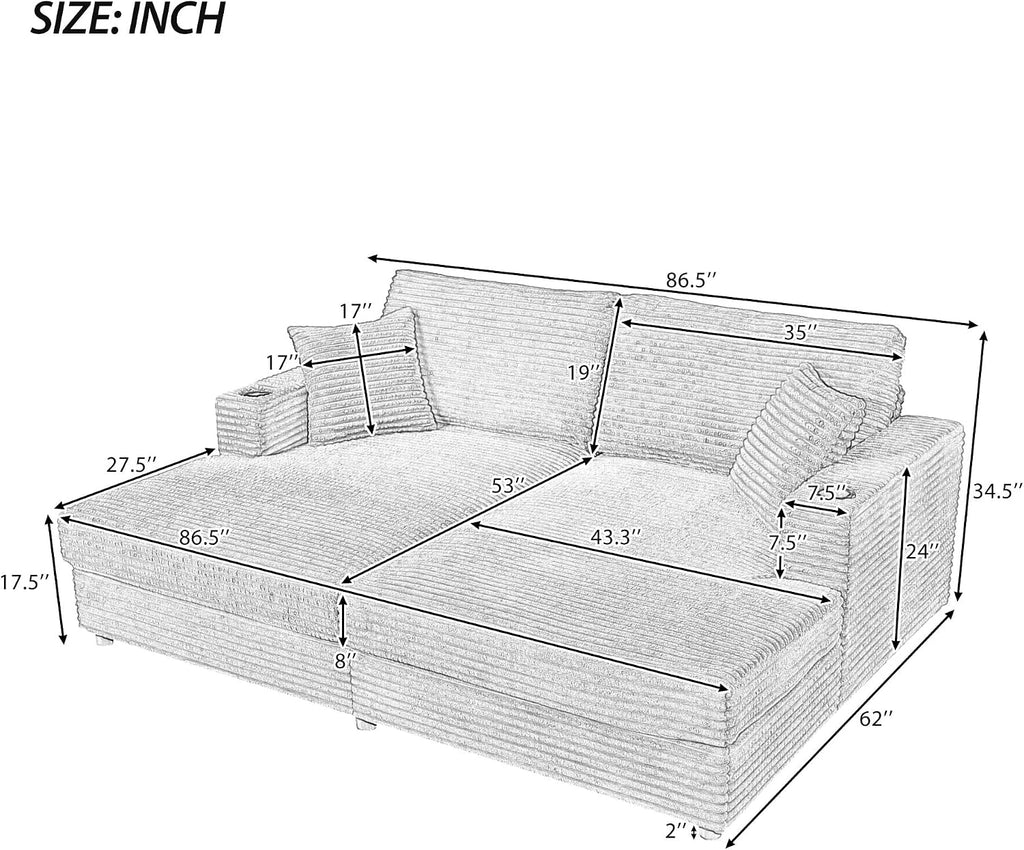 86.5' Oversized Double Chaise Lounge Indoor Corduroy Upholstered Sofa Bed , Deep Seat Lounger Loveseat Recliner Daybed with Dual USB Ports , Two Cup Holders and Throw Pillows for Living Room Bedroom
