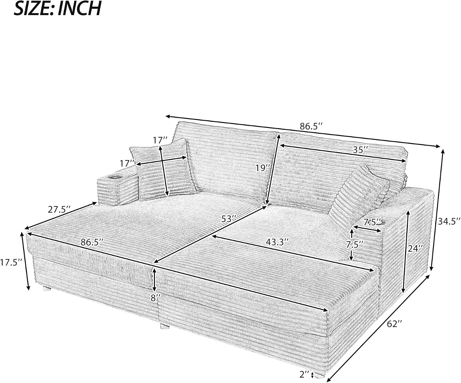86.5' Oversized Double Chaise Lounge Indoor Corduroy Upholstered Sofa Bed , Deep Seat Lounger Loveseat Recliner Daybed with Dual USB Ports , Two Cup Holders and Throw Pillows for Living Room Bedroom