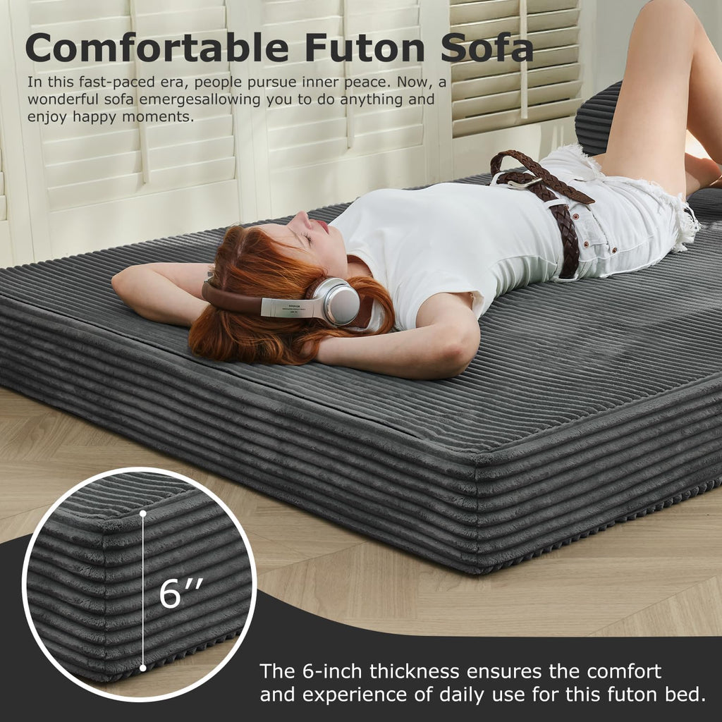 6-inch Convertible Sofa Bed, Floor Bed & Sleeping Couch with Removable Corduroy Cover & Carry Handles, High-Density Foam (Grey, Queen)