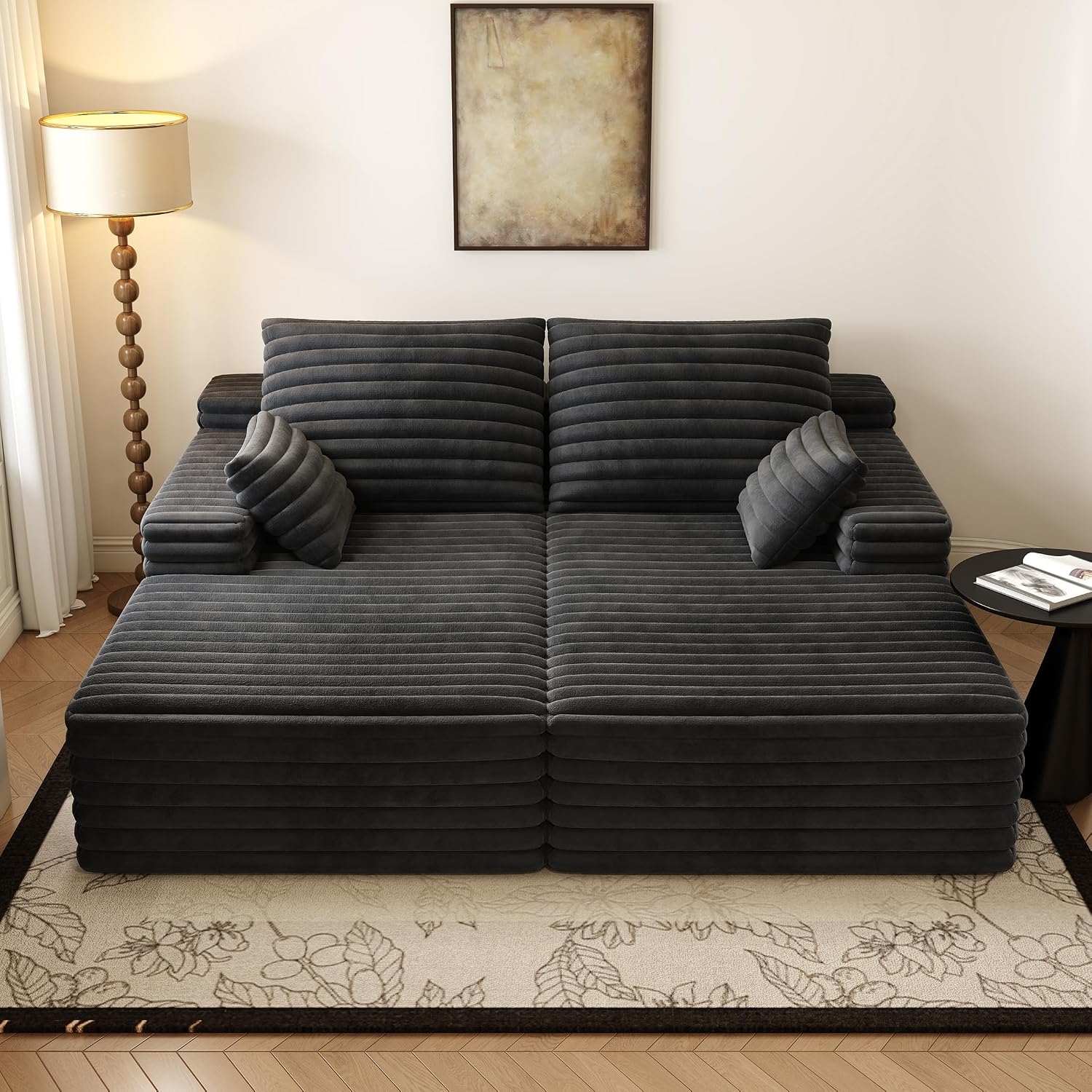 80' Oversized Double Lounge Chaise,Cloud Plush Sofa Bed,Upholstered Boneless Cloud Sofa Deep Seat,No Assembly Required,Modern Corduroy Sleeper Loveseat Chair for Living Room Bedroom Reading,Black