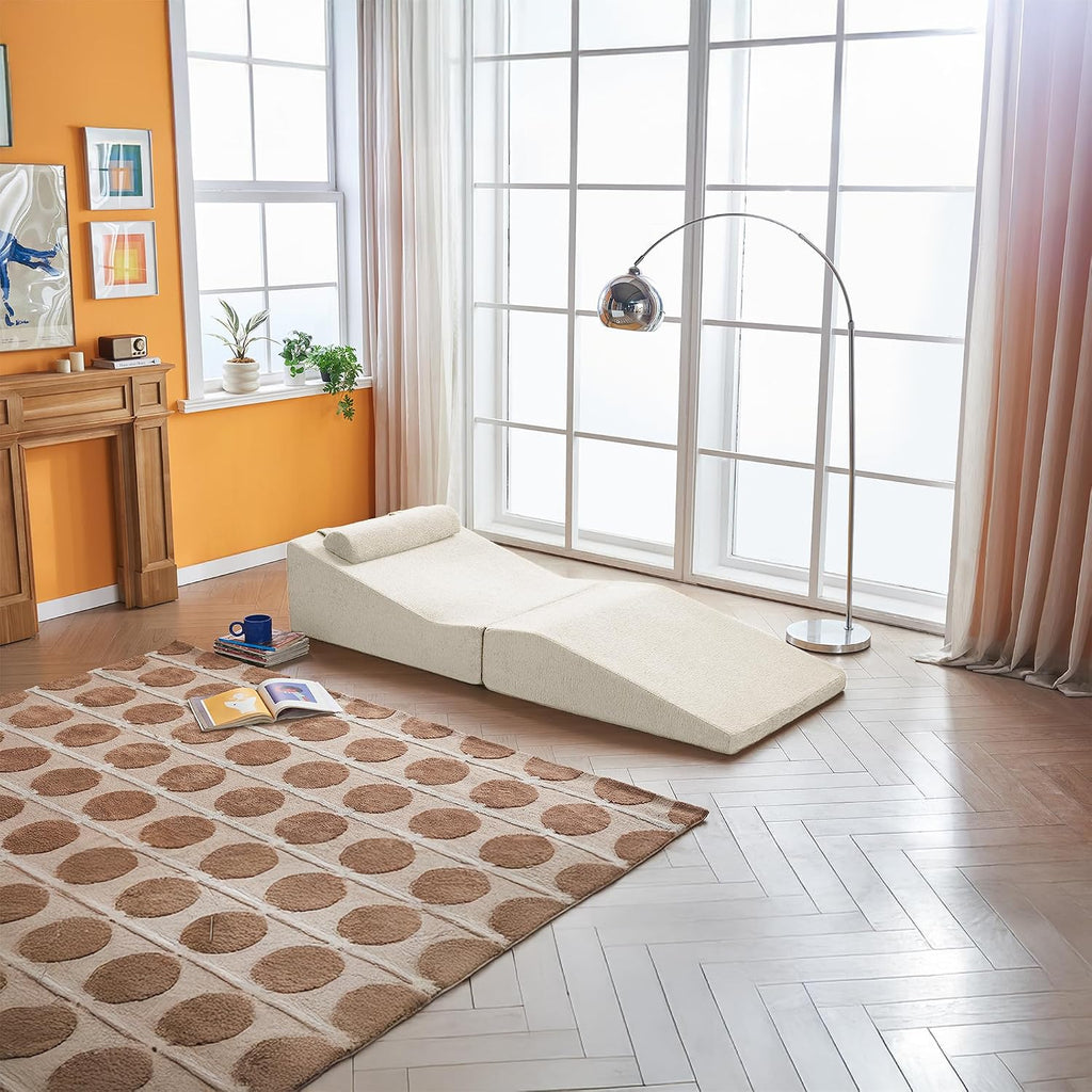 GDFStudio Rue Velvet Foldable Sofa Bed, Convertible Sleeper Chair with Pillow, Foldable Mattress with Back Support, Portable Lounge Sofa for Living Room/Bedroom, No Assembly Needed, Beige