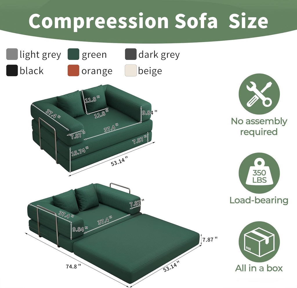 BSHOMGI Folding Sofa Bed Convertible Corduroy Couch Queen Size Floor Sleeper 4-in-1 DIY Combination Modular Lazy Sofas Fold Futon Lounge for Living Room (Green, 53.15' Double Sofa)