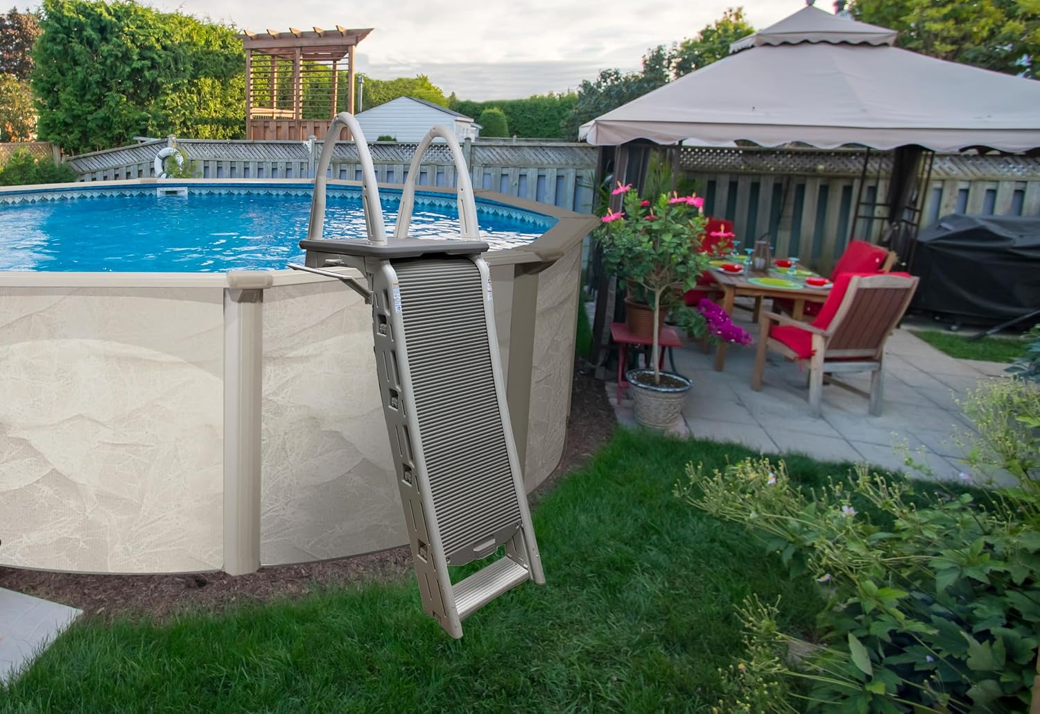 Confer Plastics 7200 Roll Guard 48' to 56' Adjustable A Frame Safety Above Ground Outdoor Patio Swimming Pool Platform Ladder with Step Barrier, Gray Deck & Tambour