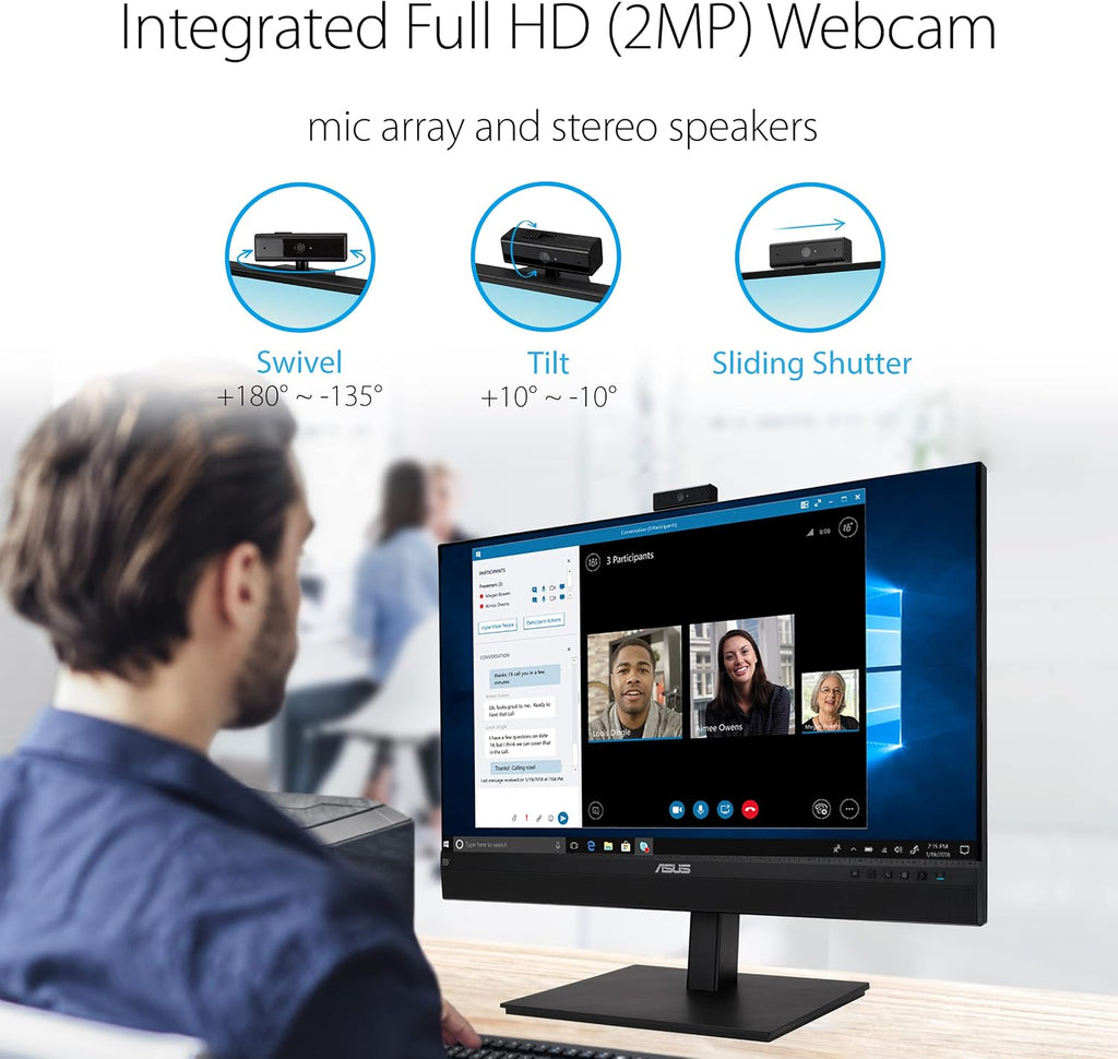 ASUS 27' 1440P Video Conference Monitor (BE27ACSBK) - QHD (2560 x 1440), IPS, Built-in 2MP Webcam, Mic Array, Speakers, Eye Care, Wall Mountable, AI Noise-canceling, USB-C, HDMI, Zoom Certified,Black