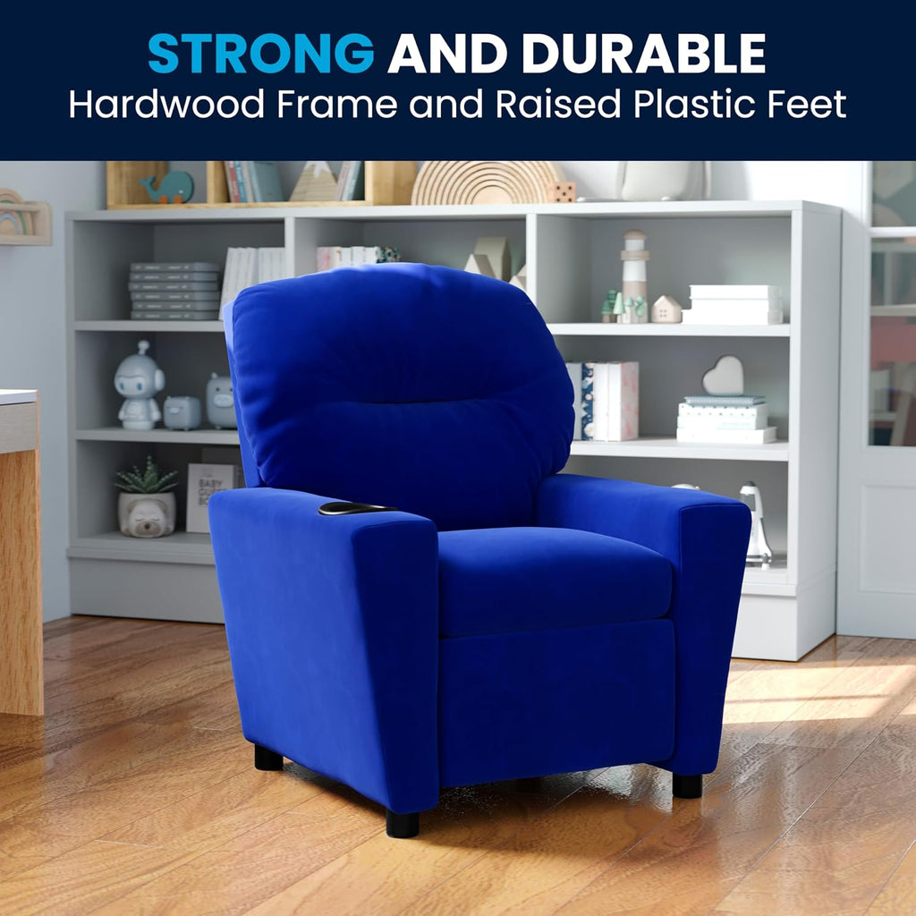 Flash Furniture Chandler Microfiber Kids Recliner with Cup Holder and Safety Recline, Contemporary Reclining Chair for Kids, Supports up to 90 lbs., Blue