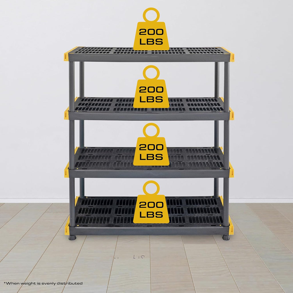CX Black & Yellow 4-Tier Heavy Duty Storage Shelves and 8 Heavy Duty Storage Bins with Lids, 4 Shelves that Support up to 200lbs/shelf + 27 Gallon Containers (8-Pack), Organization and Storage