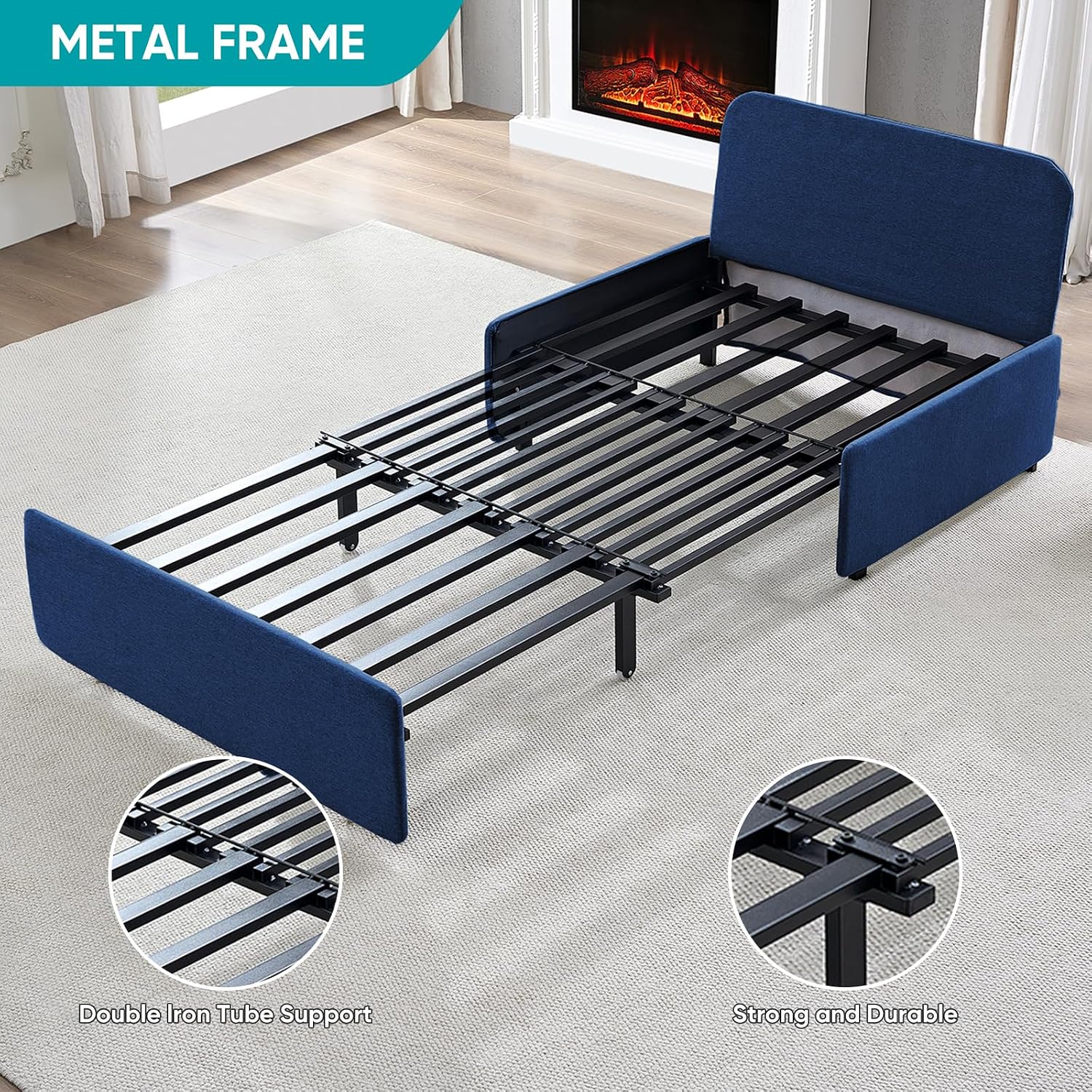 BALUS 43' Width Twin Pull Out Sofa Bed Sleeper Couch with Pullout Beds, 2 in 1 Convertible Linen Sleepers Sofa Single Chair with Pillows and 3.9' Foldable Mattress for Small Space Apartment Loft, Blue