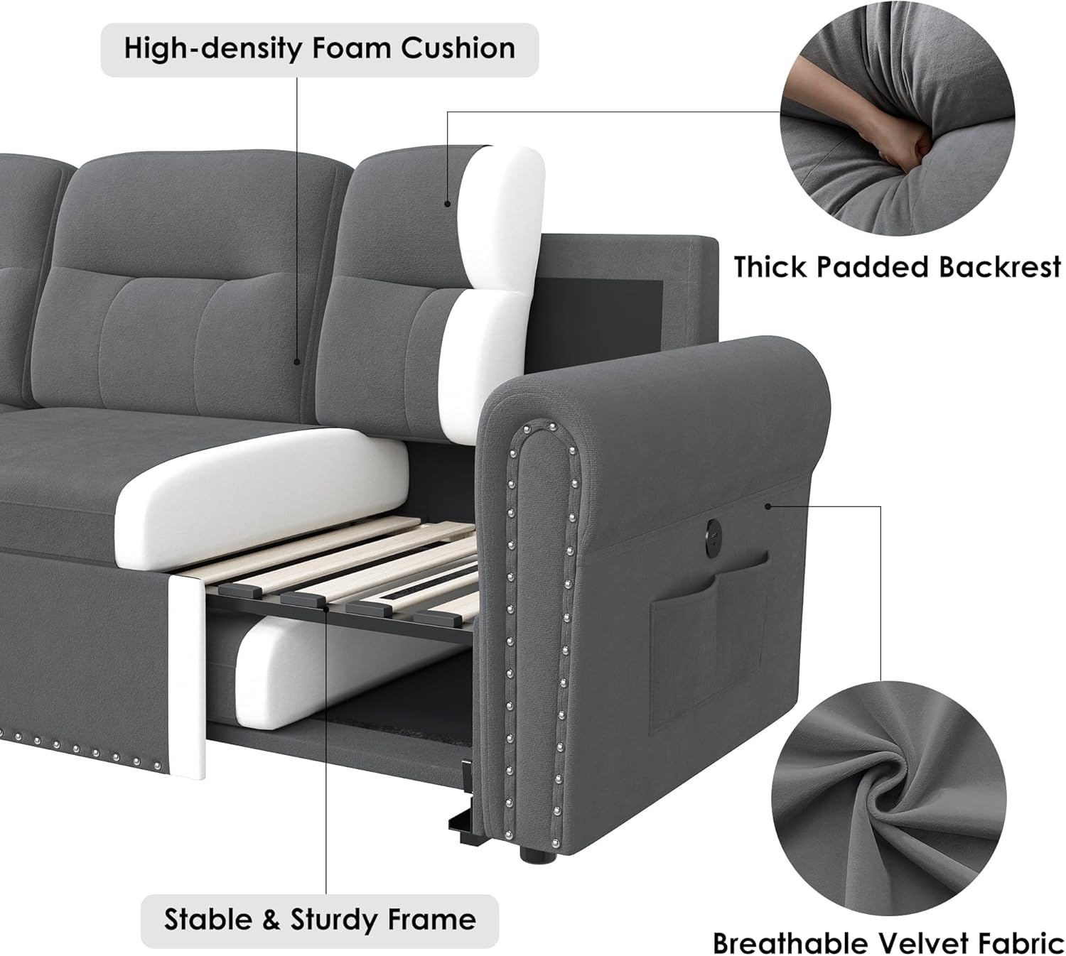 Sleeper Sofa Bed, 83'' Sectional Couch with Reversible Storage Chaise & Nailhead Armrest, Pull Out Couches for Living Room, Side Pocket & Charging Station, Removable Backrest, Velvet Fabric, Dark Grey
