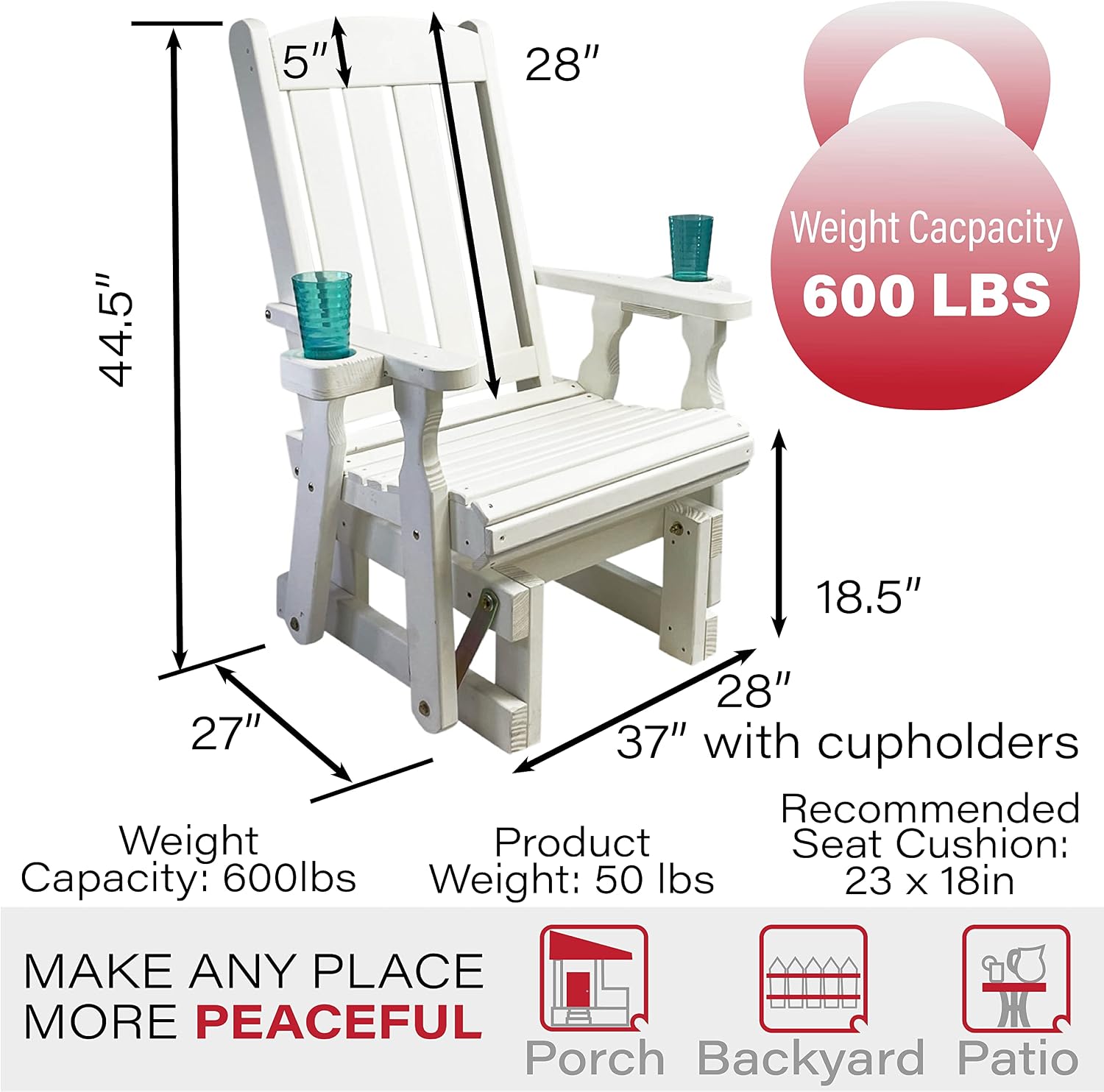 Amish Casual Heavy Duty 600 Lb Mission High Back Treated Glider Chair with Cupholders (Semi-Solid White Stain)