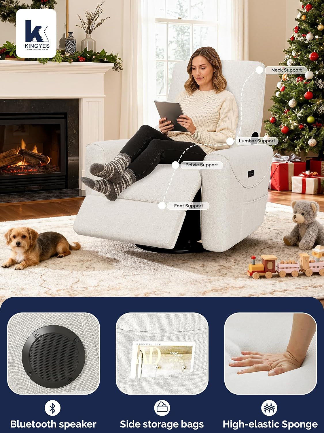 KINGYES Power Recliner Chair, 270° Swivel Glider, Living Room Recliner with USB-C Port, Nursery Rocking Chair, Beige
