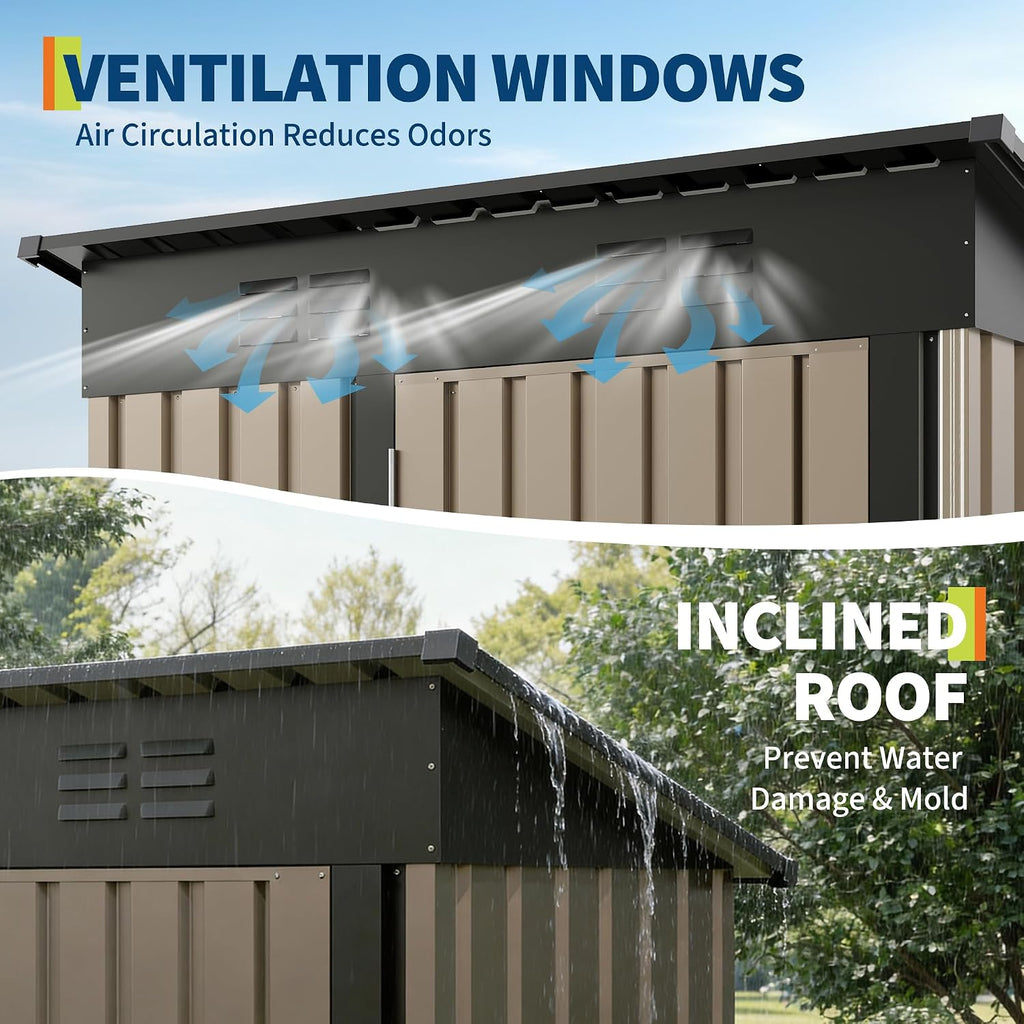 GarveeLife 5x3 FT Outdoor Storage Shed, Tool Shed with Sloping Roof and Lockable Door, Compact Metal Tool Garden Shed for Garden, Backyard, Patio (Brown)