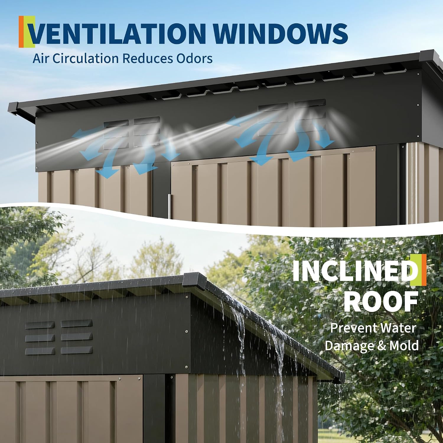 GarveeLife 5x3 FT Outdoor Storage Shed, Tool Shed with Sloping Roof and Lockable Door, Compact Metal Tool Garden Shed for Garden, Backyard, Patio (Brown)