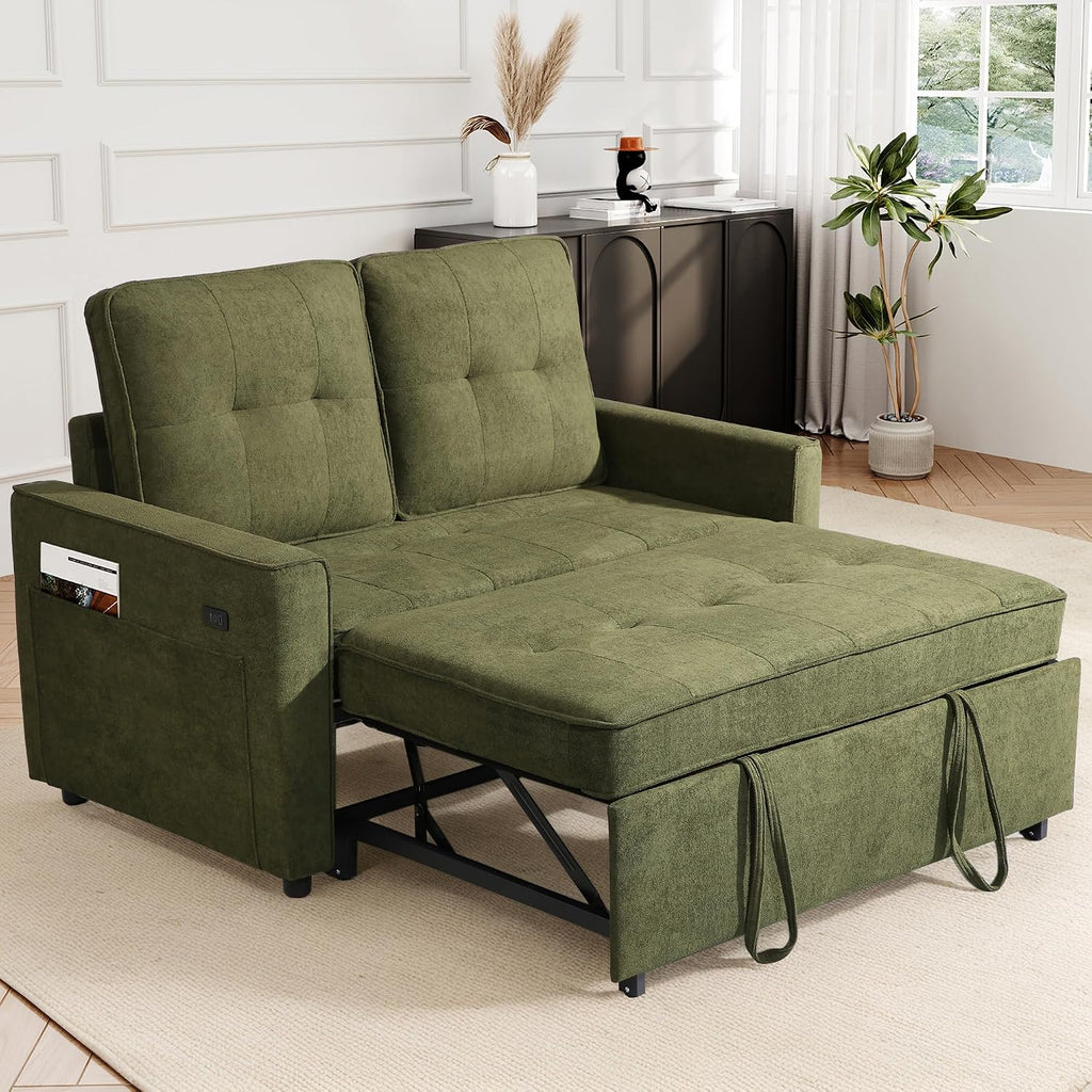 EJUNQ Pull Out Couch, Convertible Sofa Bed with USB and Reclining Backrest, Modern 3 in 1 Sleeper Sofa Couch Bed with Side Pockets, Comfortable Loveseat Sleeper for Small Spaces.(Green)